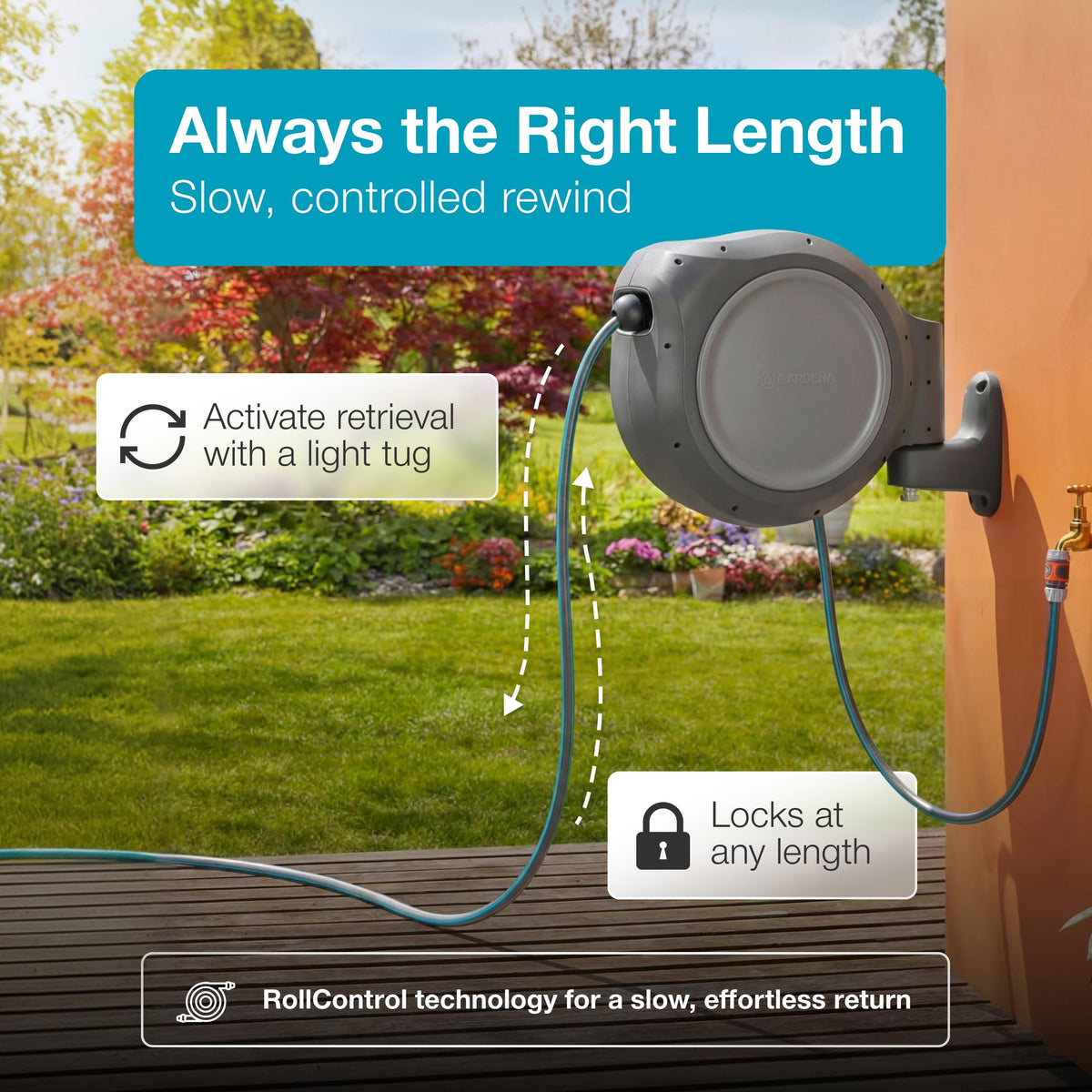 GARDENA 20505-80 Wall Mounted Retractable Hose Reel, 100 ft