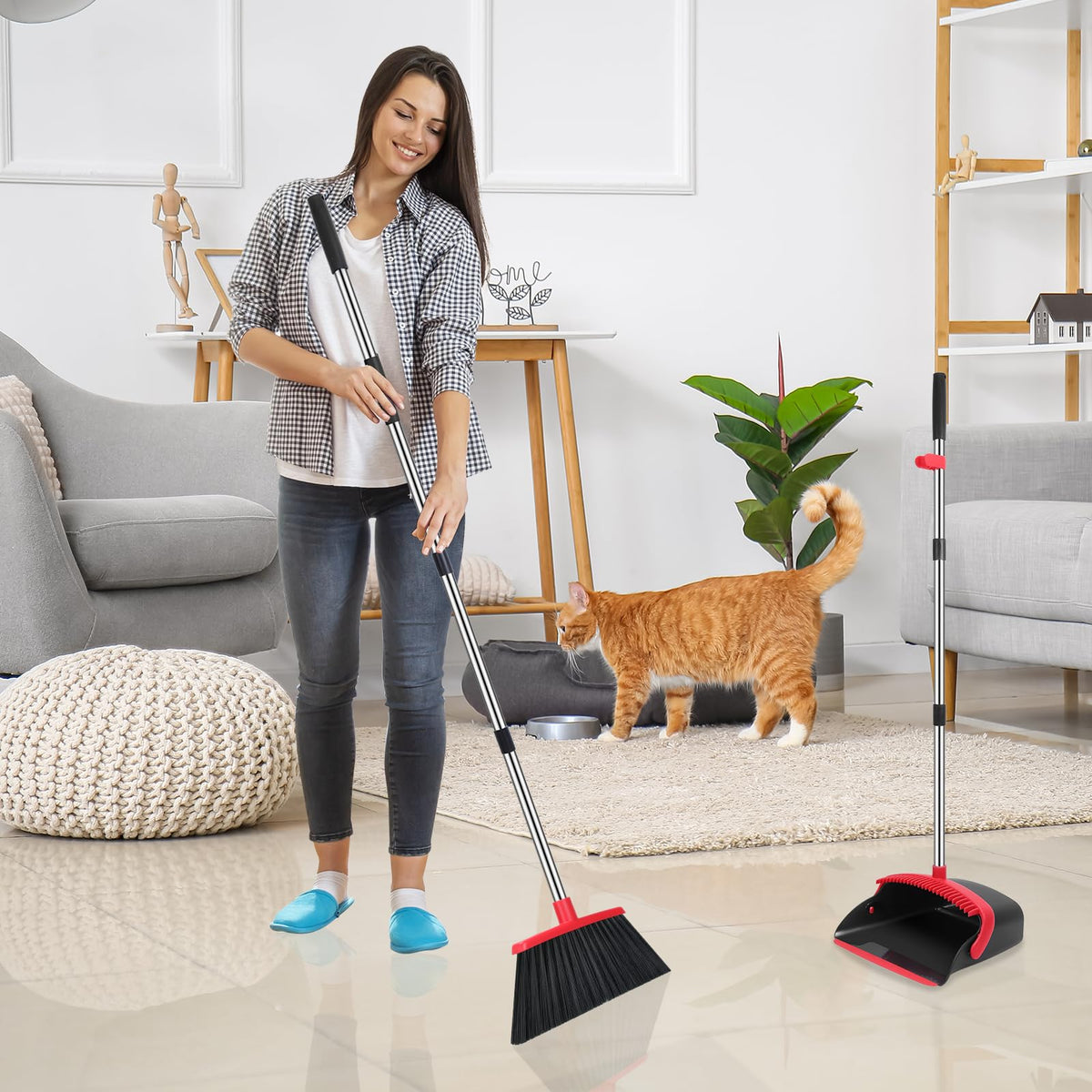 Broom and Dustpan Set, 52 Inch Handle, Black and Red
