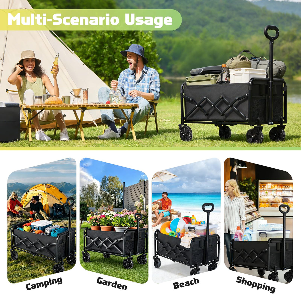 Collapsible Folding Utility Wagon Cart, 100 kg, Black