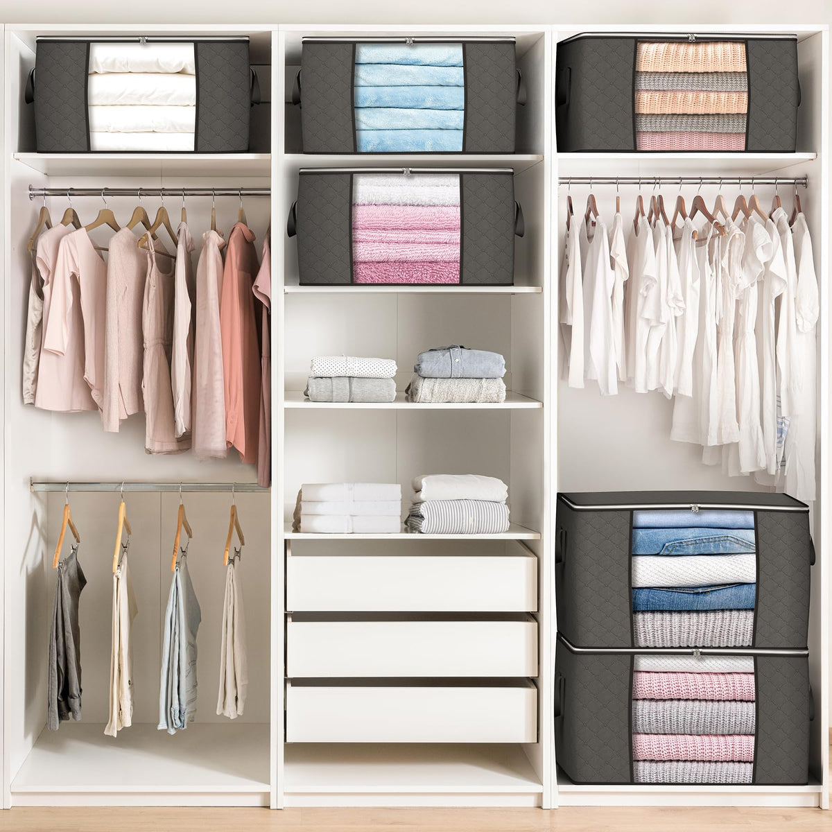 Foldable Clothes Storage Bags with Handles, 90 L, Gray, 6 Pack