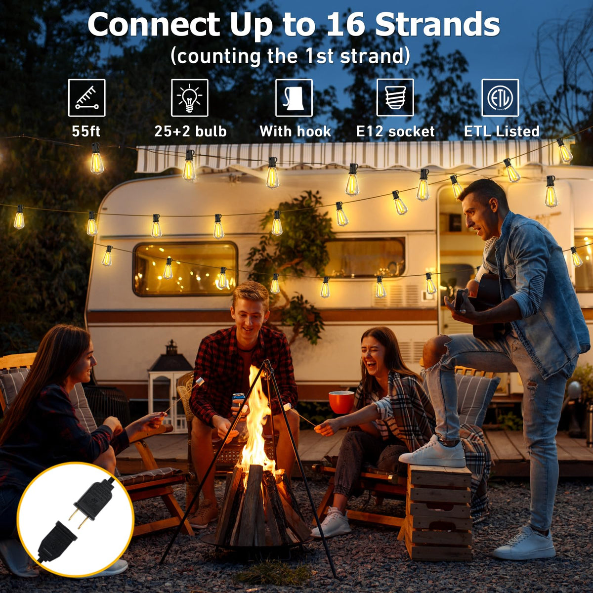 55 ft Outdoor String Lights with 27 Shatterproof ST38 LED Bulbs