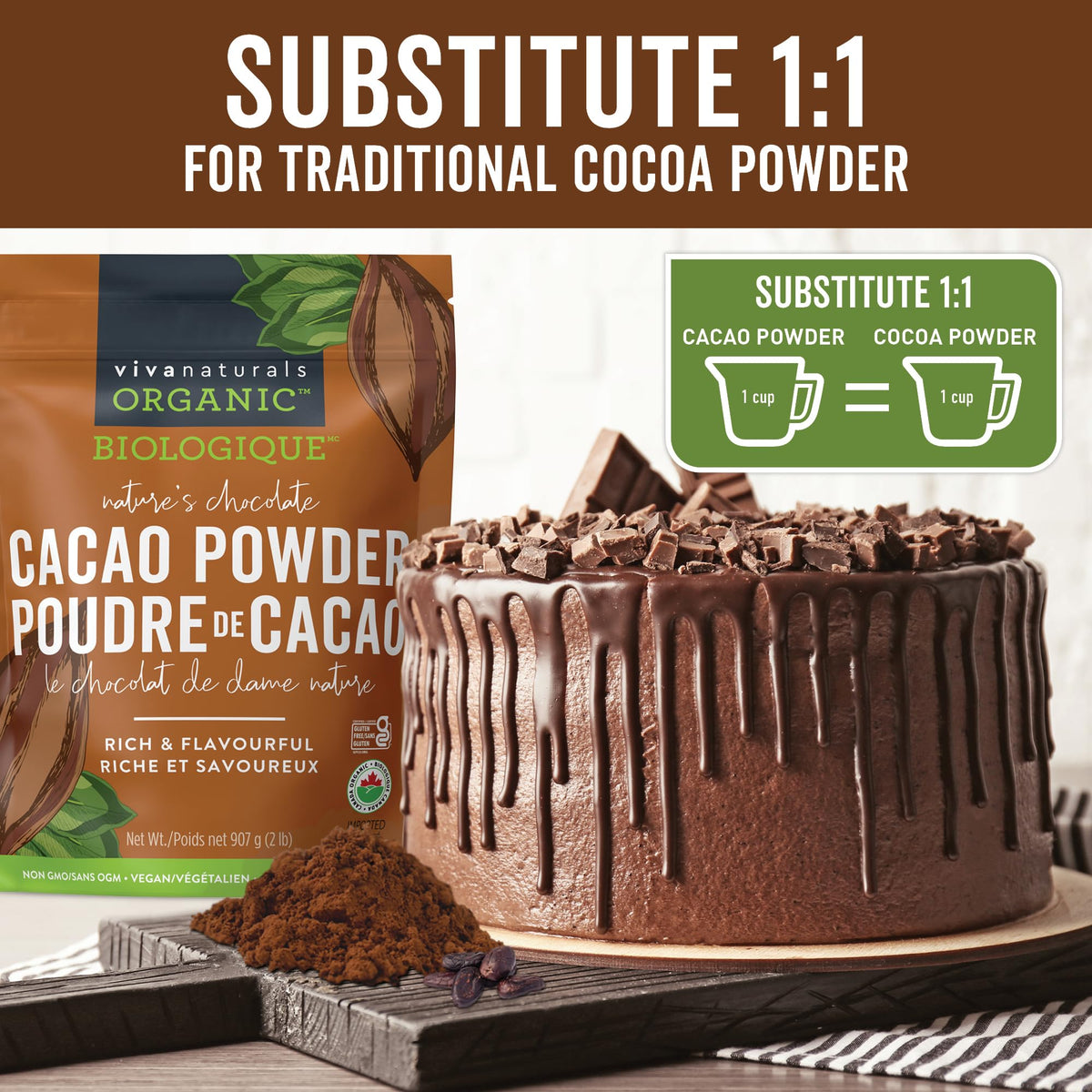Viva Naturals Organic Cacao Powder, Unsweetened, 907 g