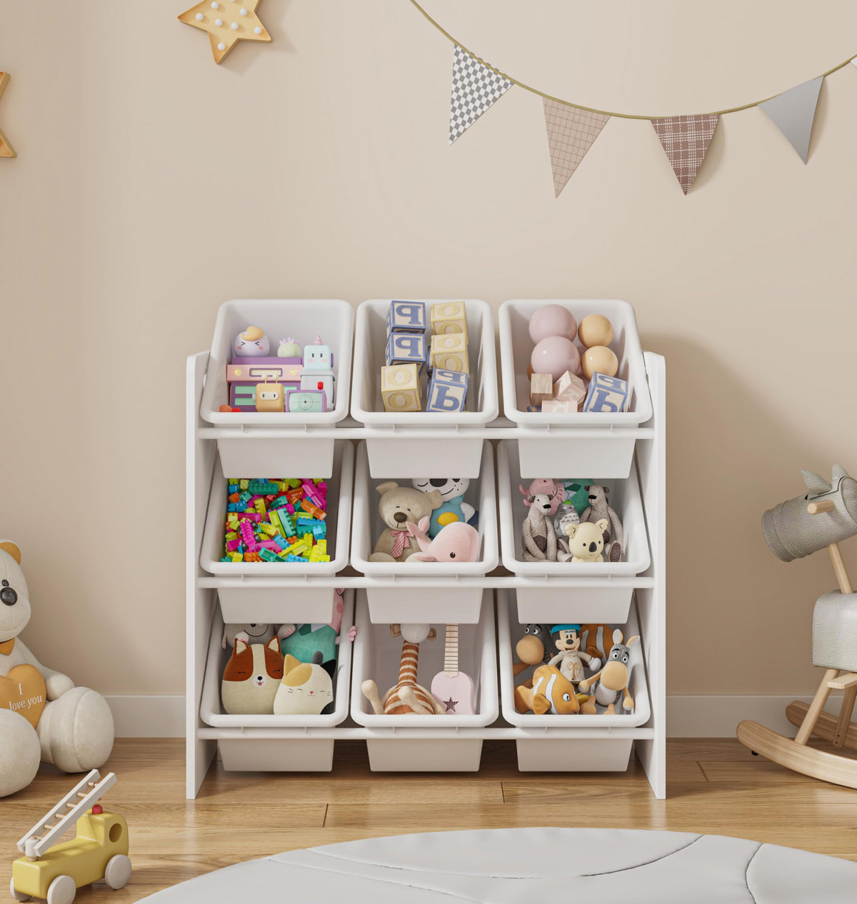 Lennox Furniture Toys Storage Organizer, 9 Plastic Bins, White