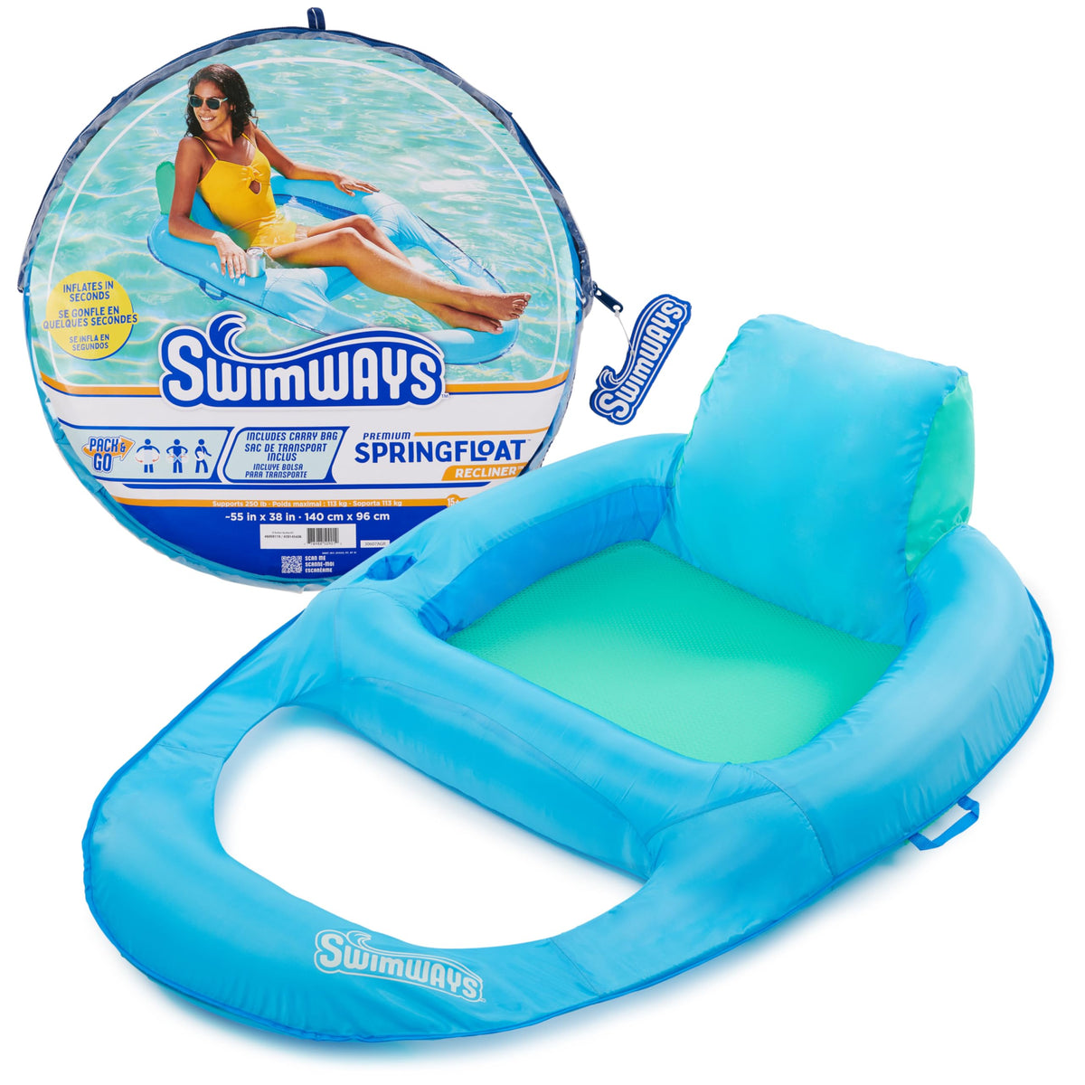 SwimWays Spring Float Recliner Pool Lounger, Sky Blue