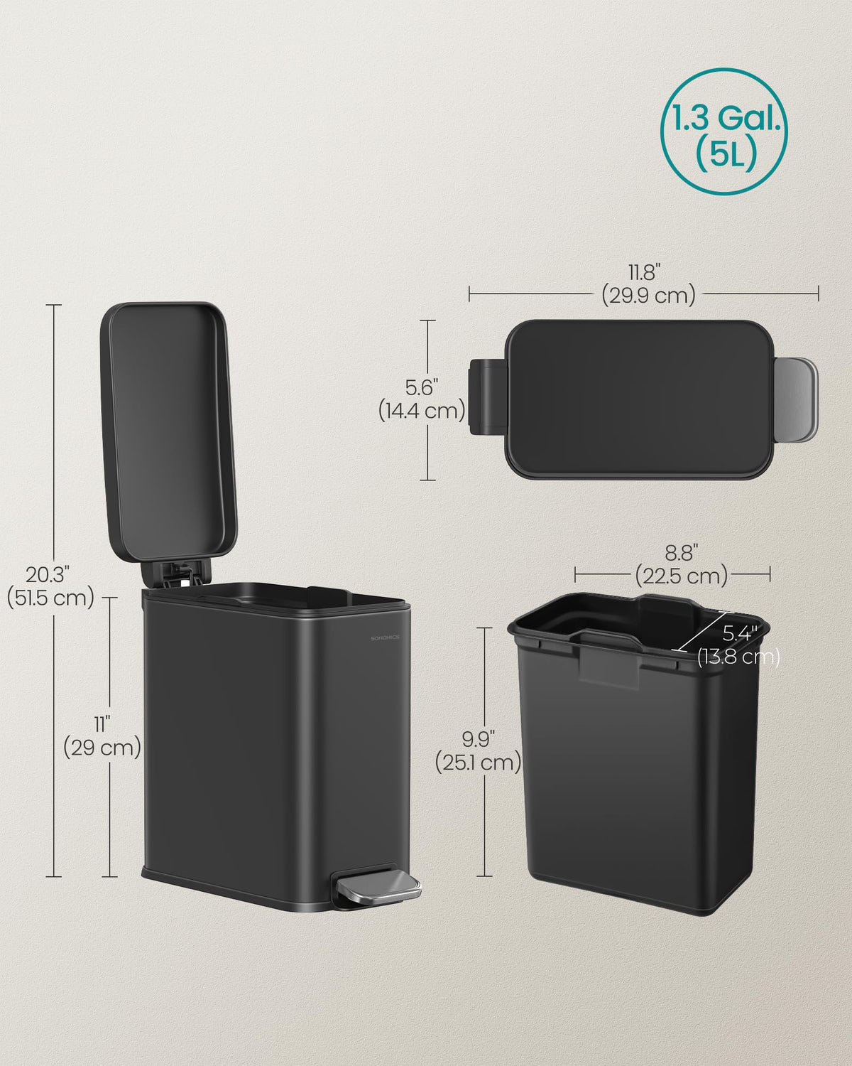 Songmics Bathroom Trash Can with Lid, 1.3 Gallon (5 L), ULTB560B05