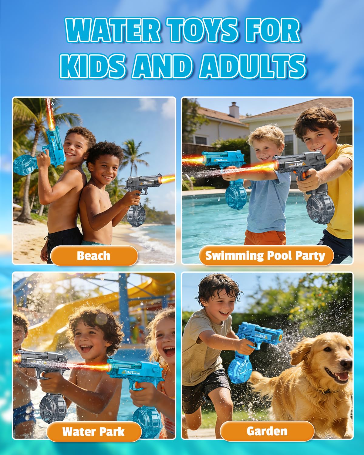 Electric Water Gun with LED Lights, Blue + Black (2 Pack)