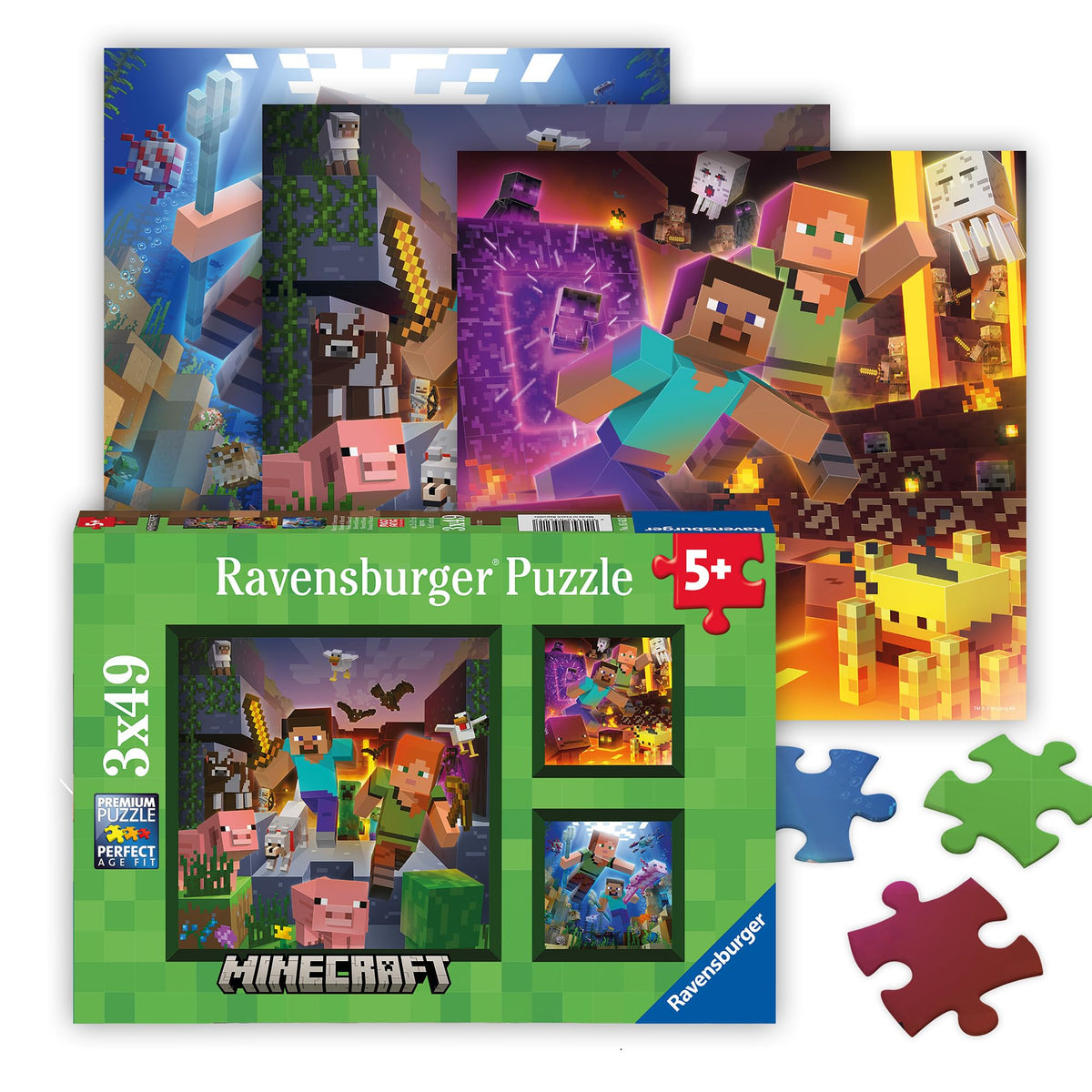 Ravensburger Minecraft Biomes Jigsaw Puzzle Set, 3 x 49 Piece