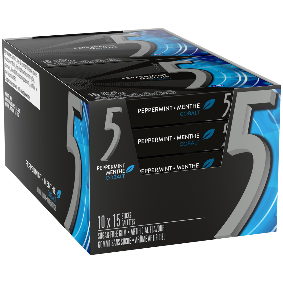 5 Gum Peppermint Cobalt Sugar-Free Gum, 15 Sticks x 10 Packs
