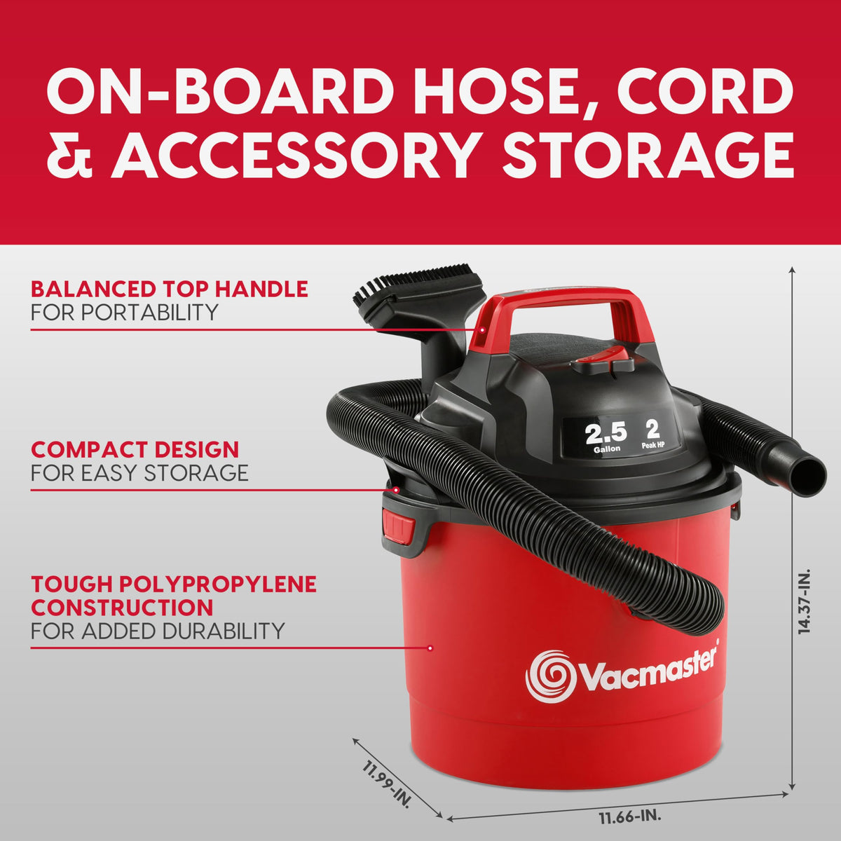 Vacmaster Red Edition VOM205P Wet Dry Shop Vacuum, 2.5 Gallon