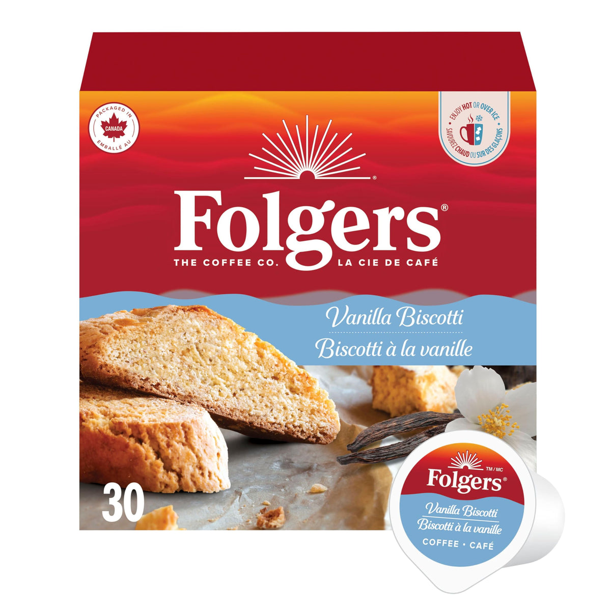 Folgers Vanilla Biscotti Light Roast Coffee Pods, 30 Count