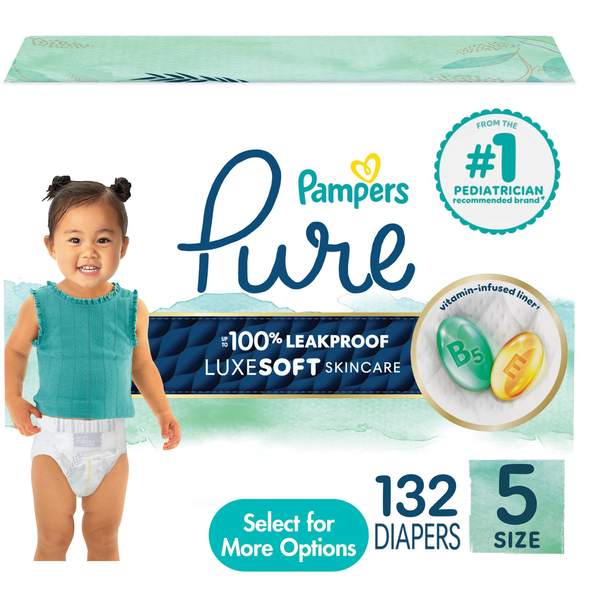 Pampers Pure Baby Diapers, Size 5 (27+ lbs), 132 Count