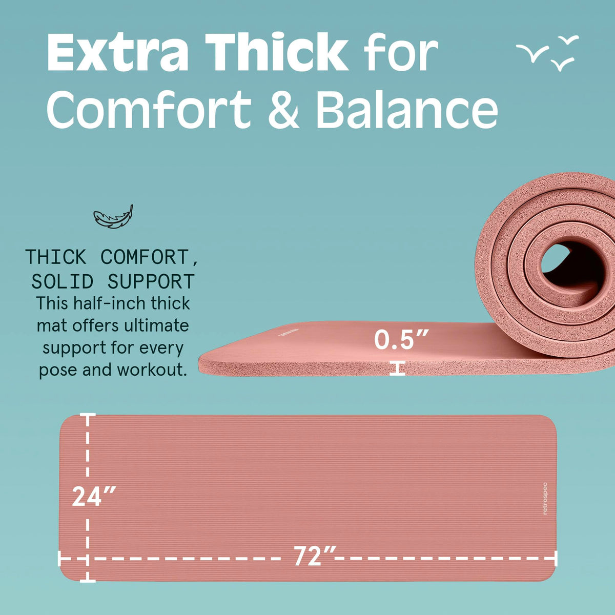 Retrospec Solana Yoga Mat, 1/2 Inch Thick, Rose