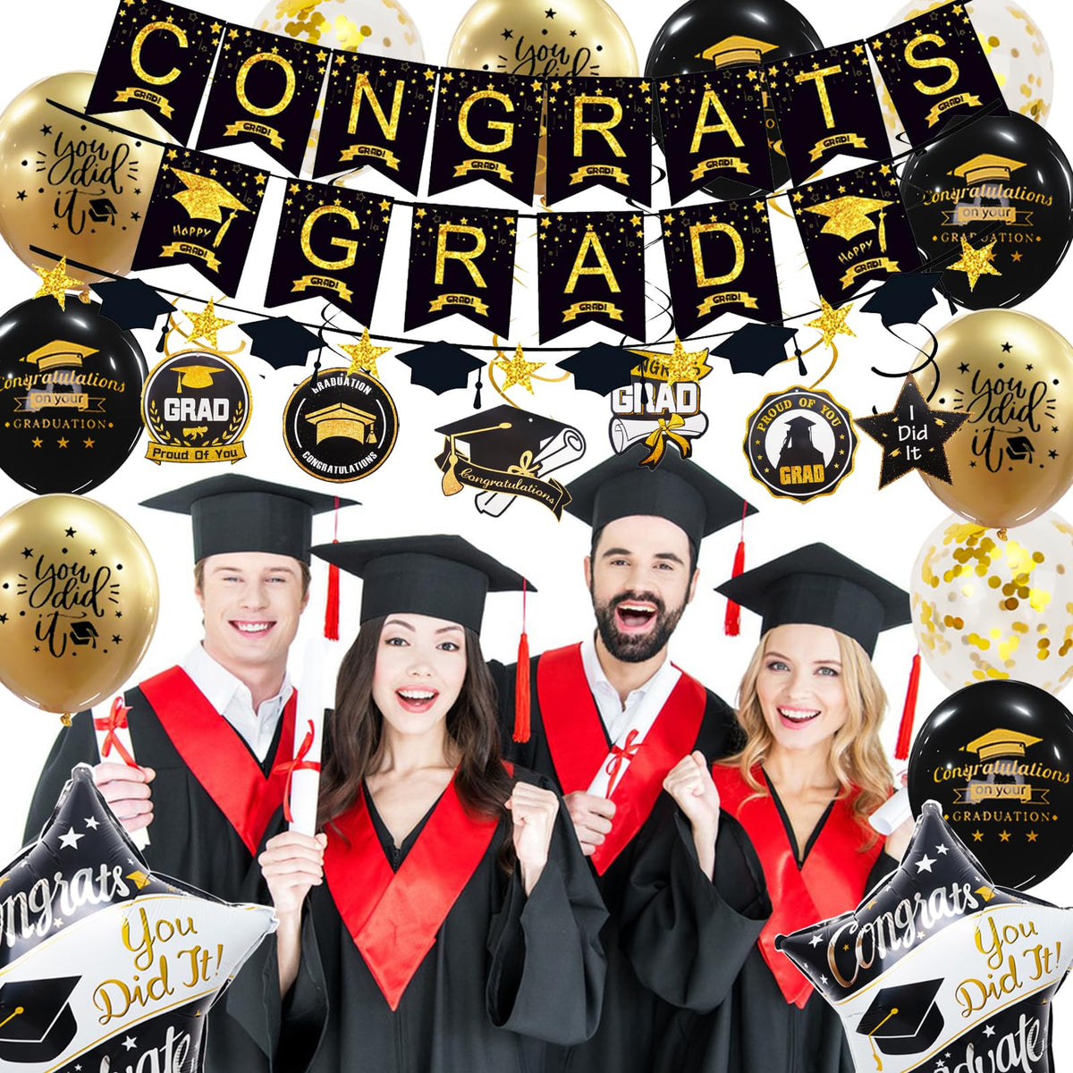 Graduation Decorations Class of 2026, 12 Piece Black and Gold
