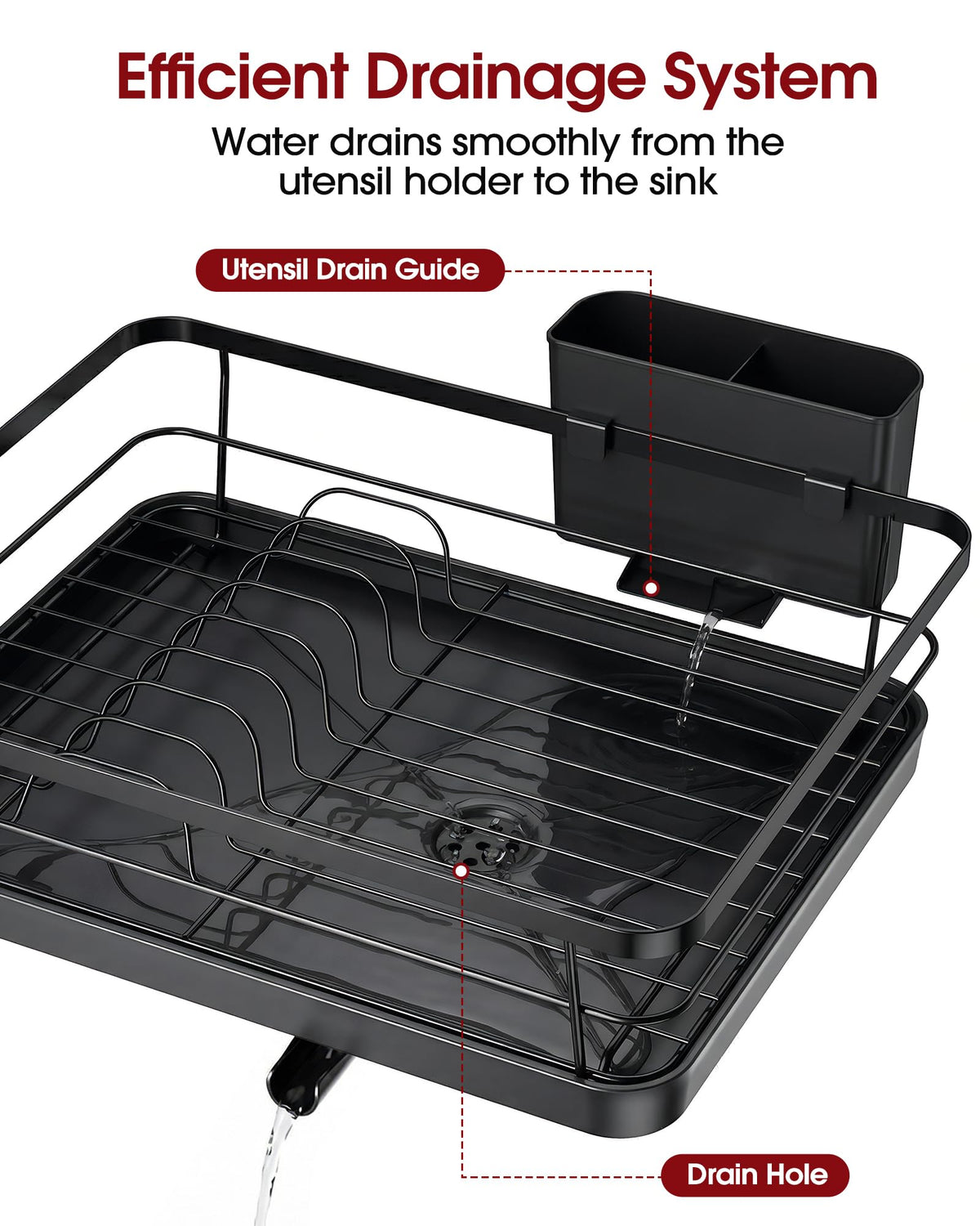 Sakugi Stainless Steel Dish Drying Rack with Drain Board, Black, Large