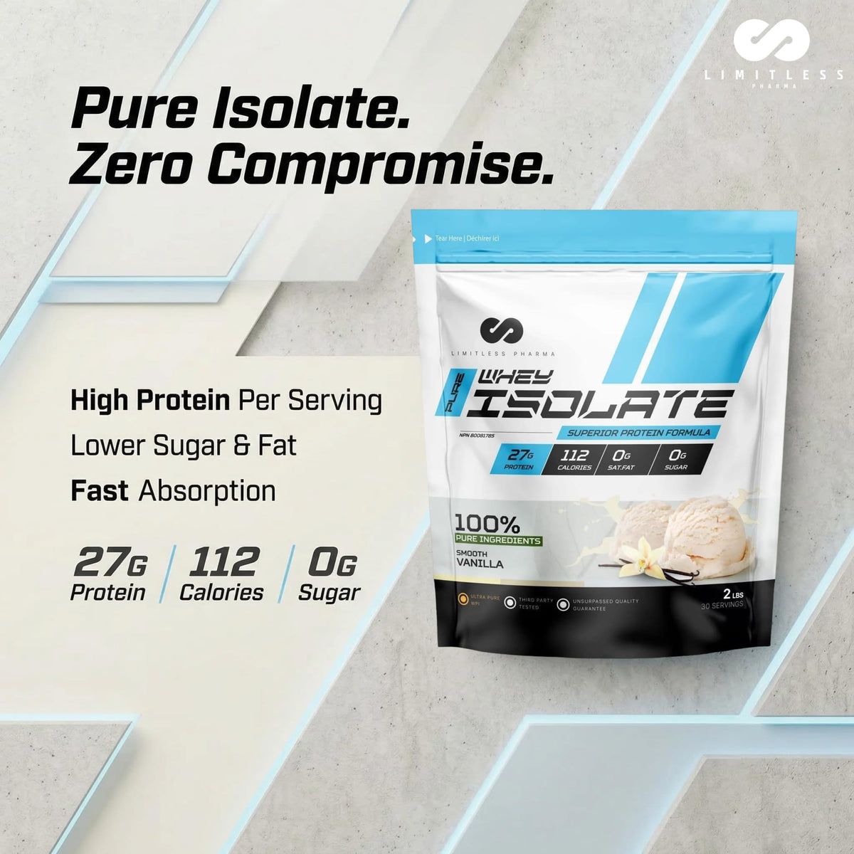 Limitless Pharma Pure Whey Isolate, Vanilla, 2 lb