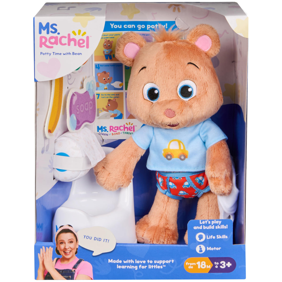 Ms. Rachel Potty Time with Bean, 11" Plush Teddy Bear with Play Toilet