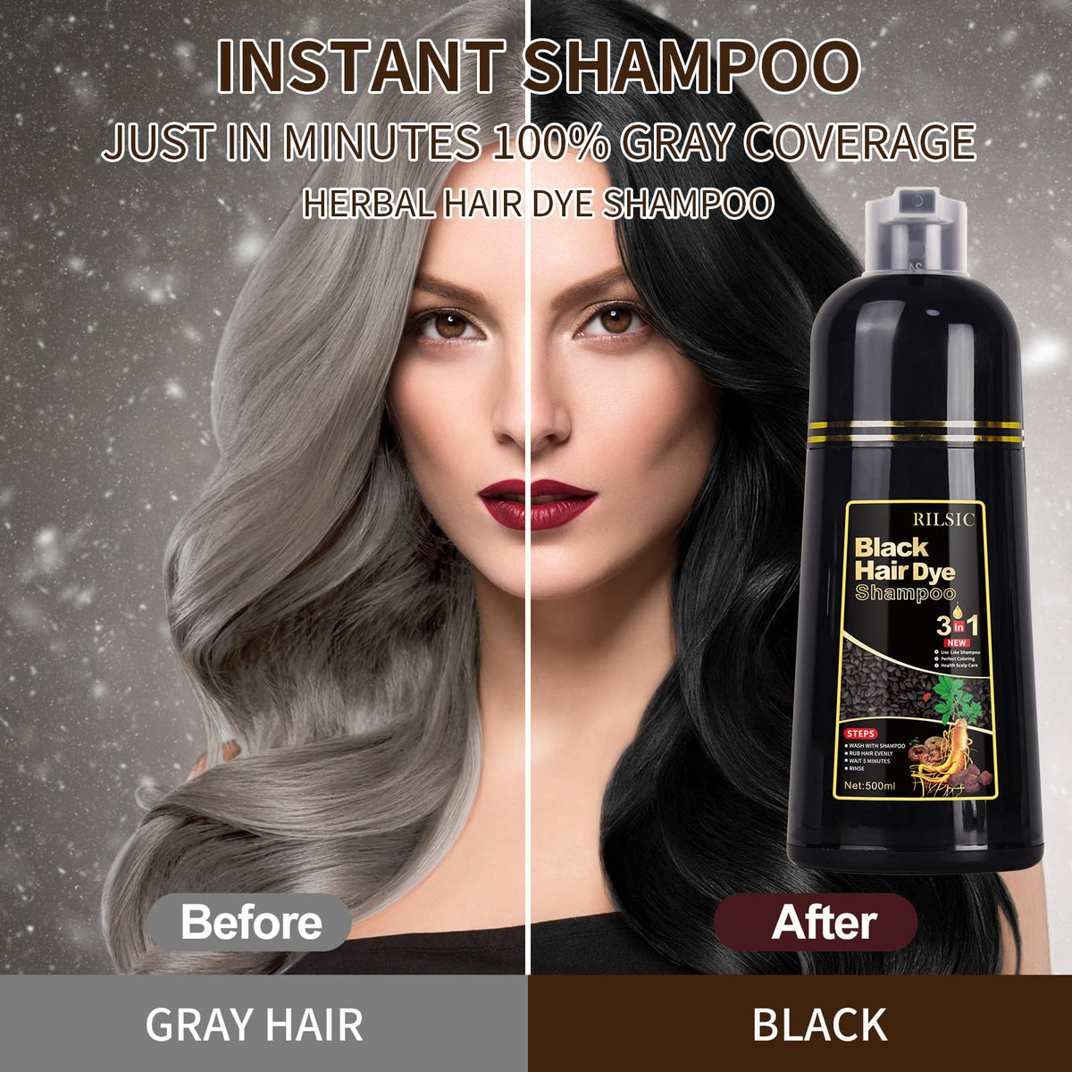 Hair Color Shampoo 3-in-1 for Grey Hair, Natural Black, 500ML