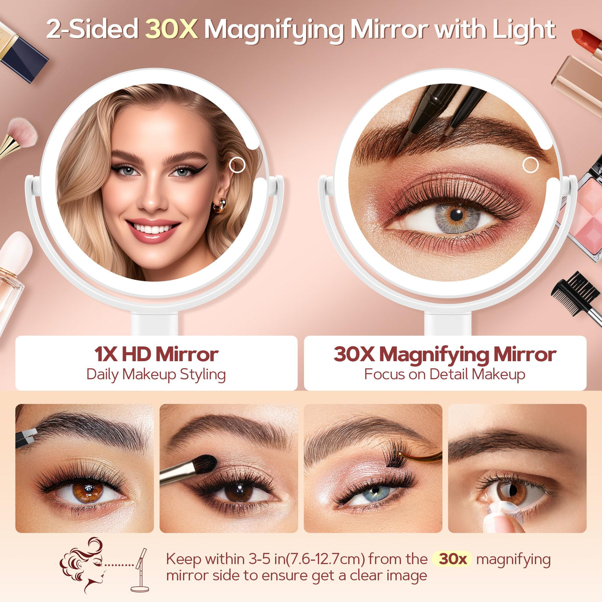 B Beauty Planet Lighted Makeup Mirror, 30X Magnifying, 2-Sided