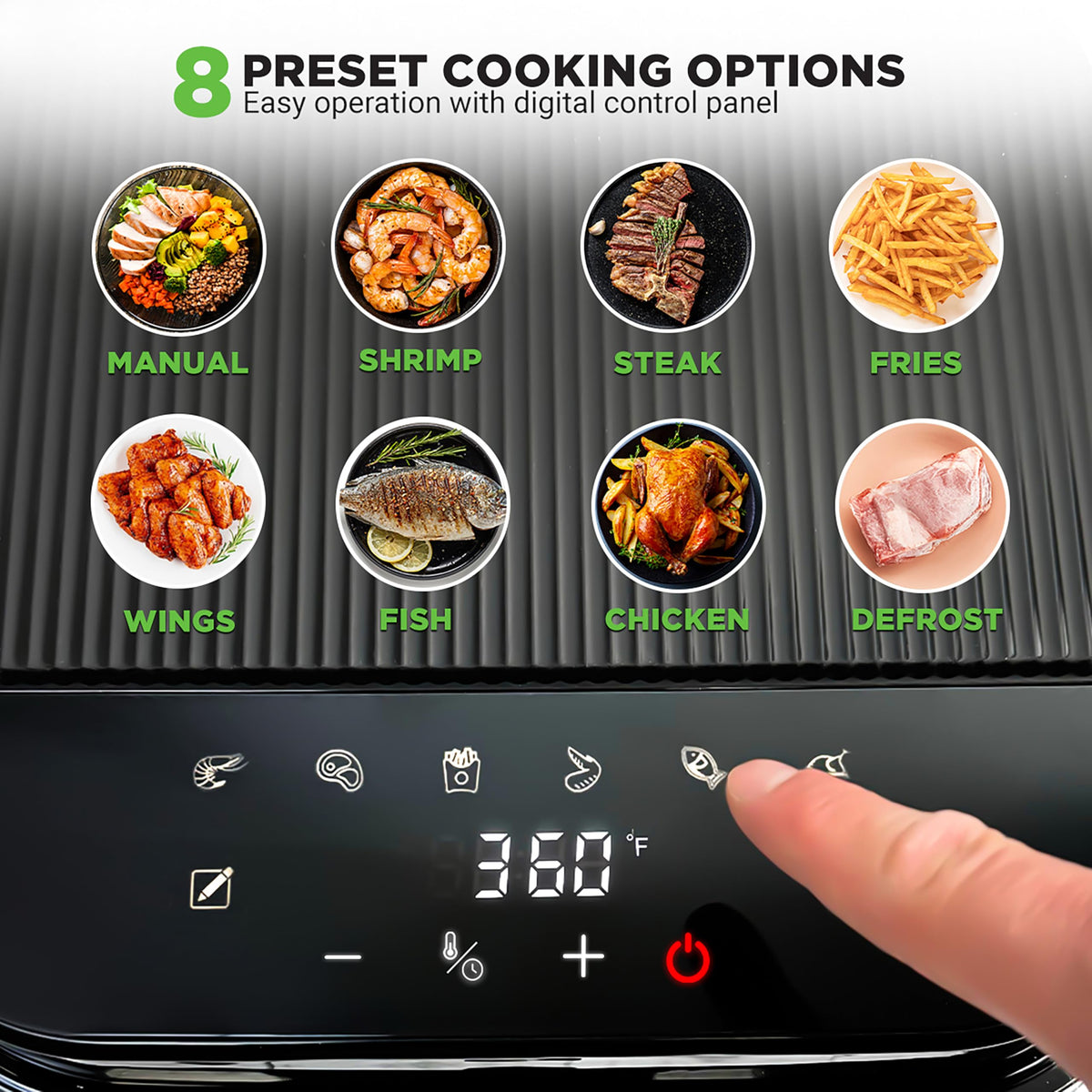 Nutrichef Air Fryer, 8 Preset Cook Modes, Black, 5.8 Quart