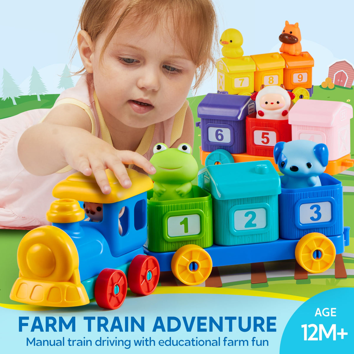 Play-Act Montessori Counting Farm Train with 9 Animals