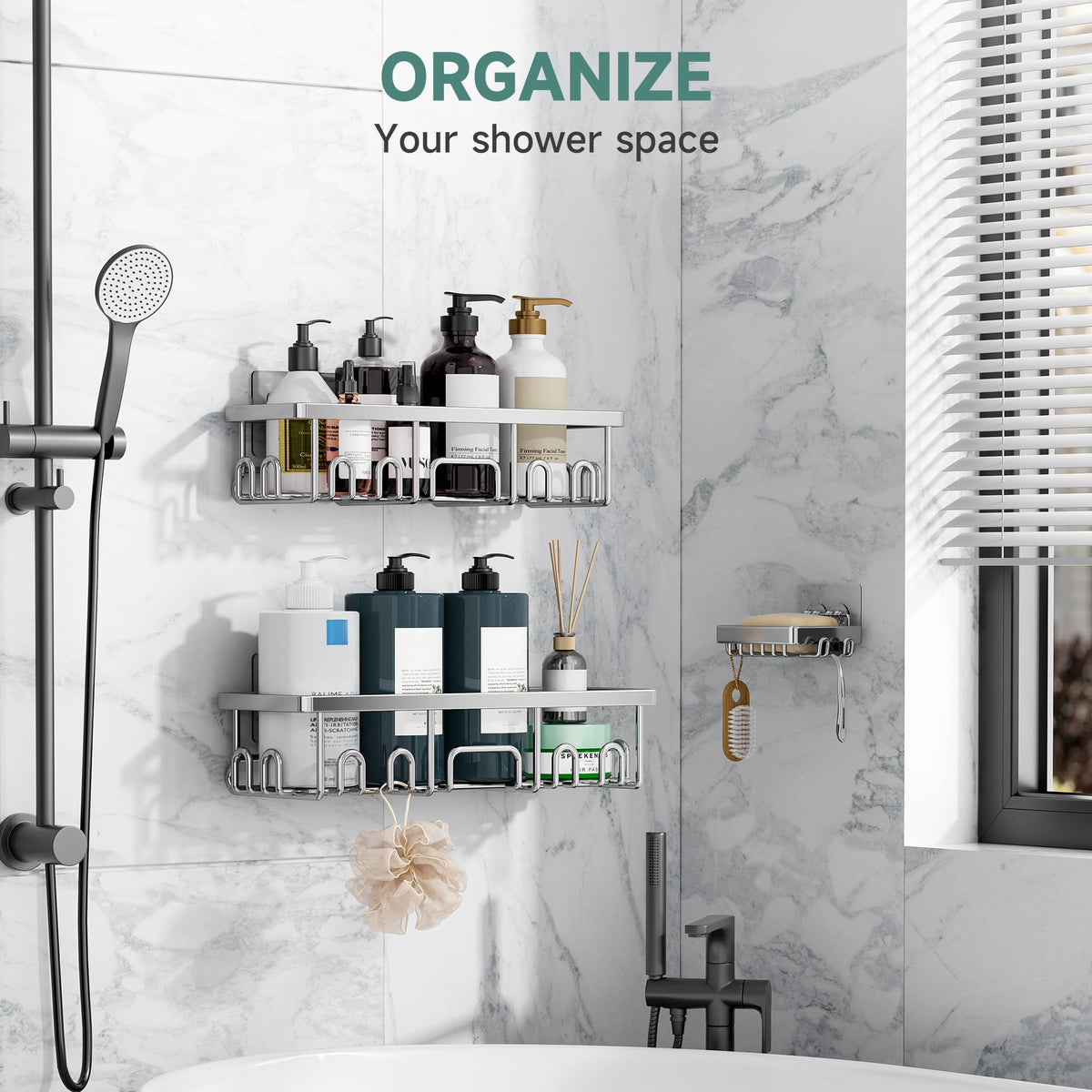 Veken Adhesive Shower Caddy with Soap Holder, 3-Pack, Silver