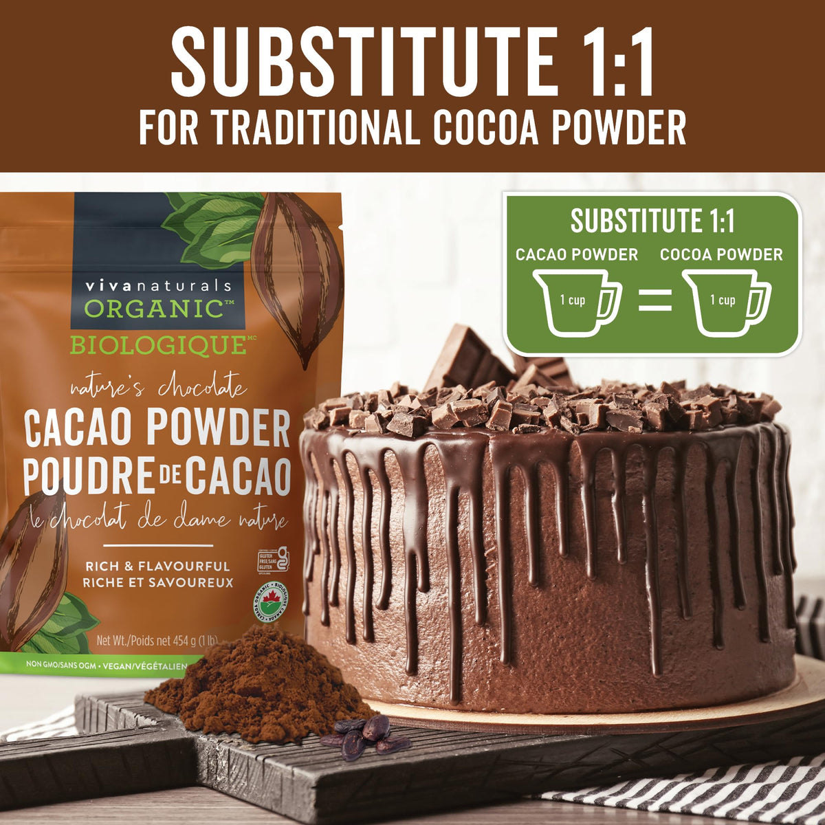 Viva Naturals Organic Cacao Powder, 1 Pound