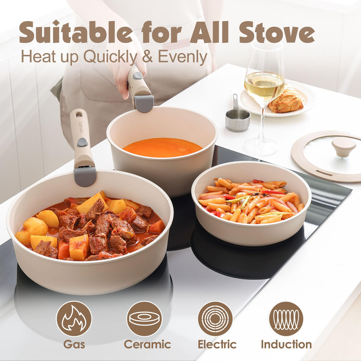 Sensarte 17 Piece Ceramic Cookware Set, Almond Beige
