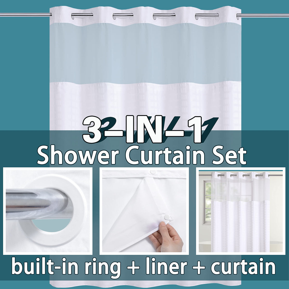 Conbo Mio Hotel Style Fabric Shower Curtain, 71 x 74 in, White Check