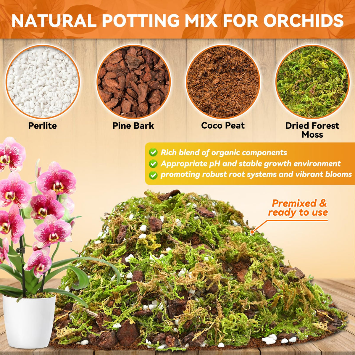 Riare Orchid Potting Mix with Moss, Pine Bark and Perlite, 2 L