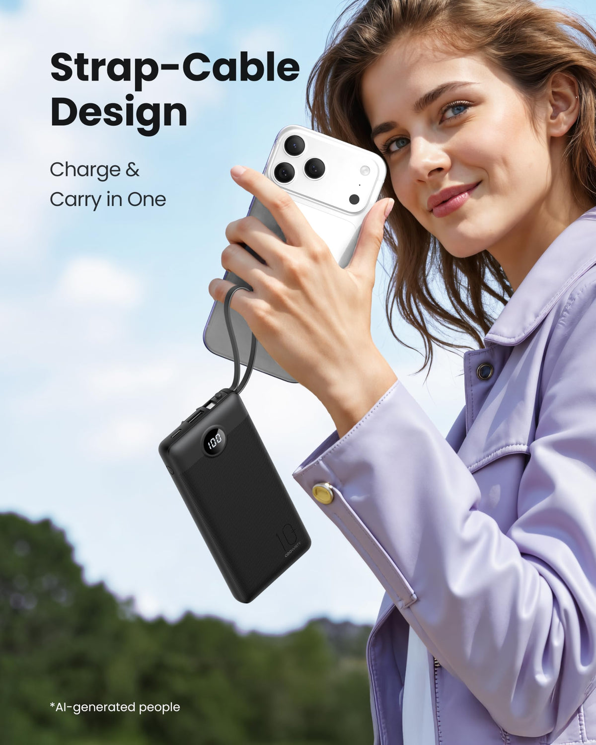 Coowisty Slim Power Bank, 10000mAh, Built in 4 Cables