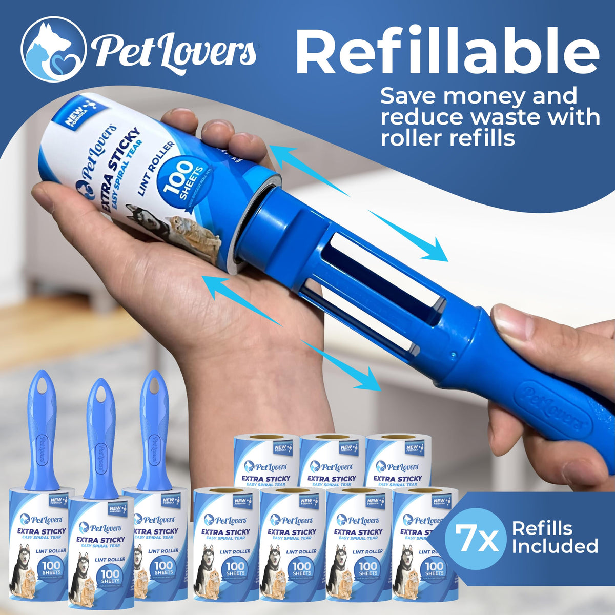 PetLovers Extra Sticky Lint Roller Set, 3 Rollers, 7 Refills