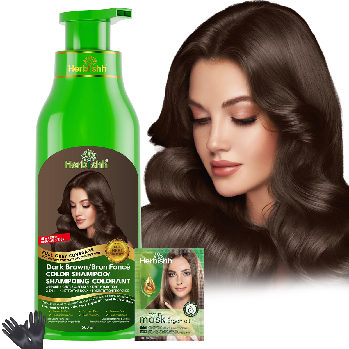 Herbishh 3-in-1 Hair Colour Shampoo, Dark Brown, 500 ml