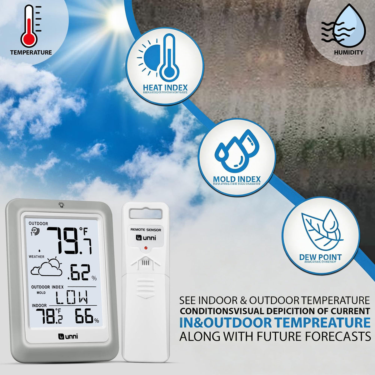 Wireless Indoor Outdoor Thermometer Hygrometer with Remote Sensor