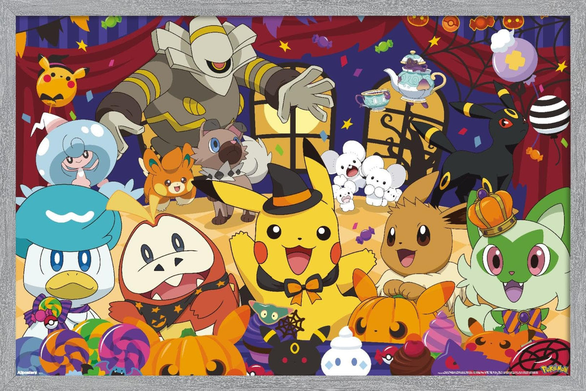 Pokémon Halloween Party Wall Poster, 34" x 22.4", Gray Framed