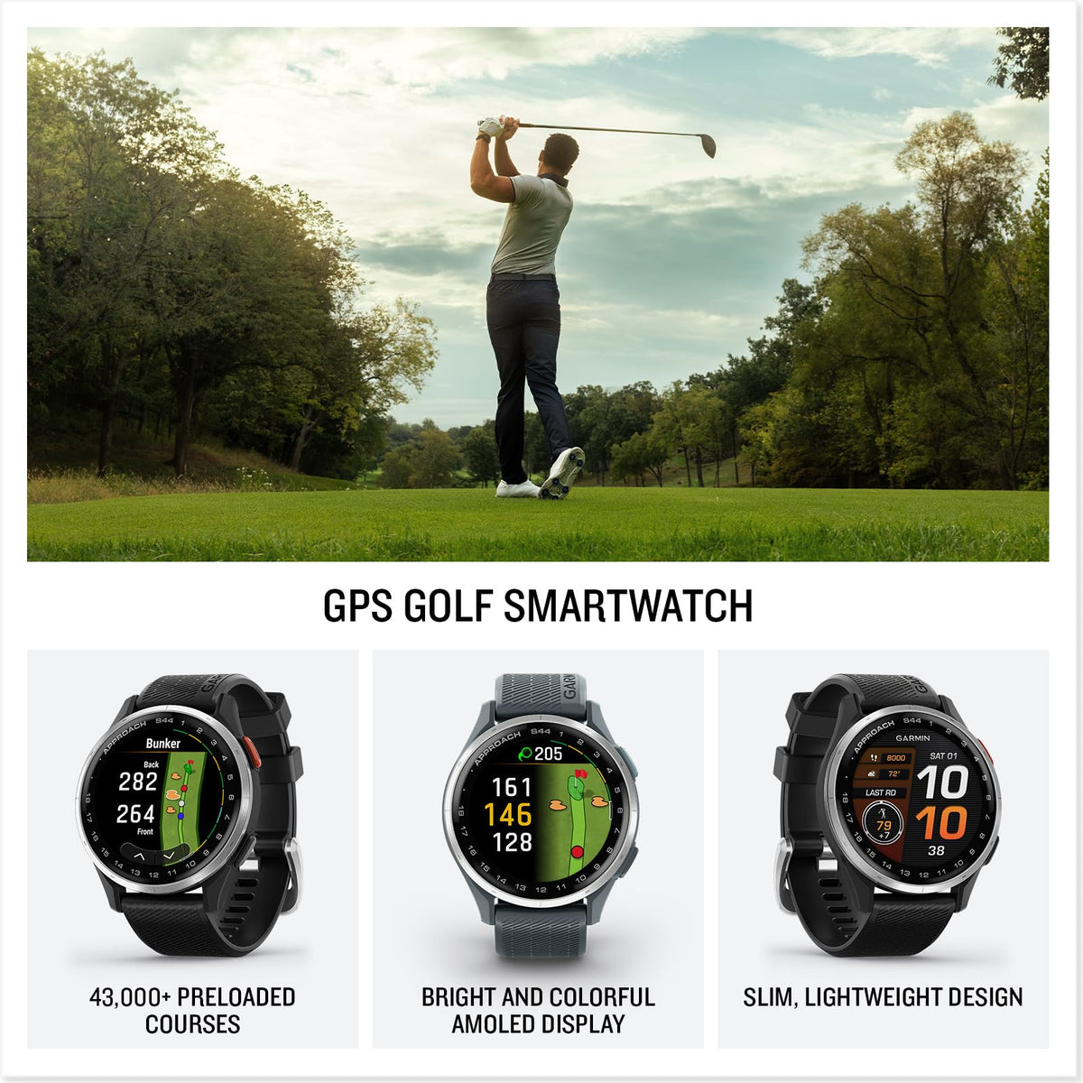Garmin Approach S44 Golf GPS Smartwatch, Silver, Black Band