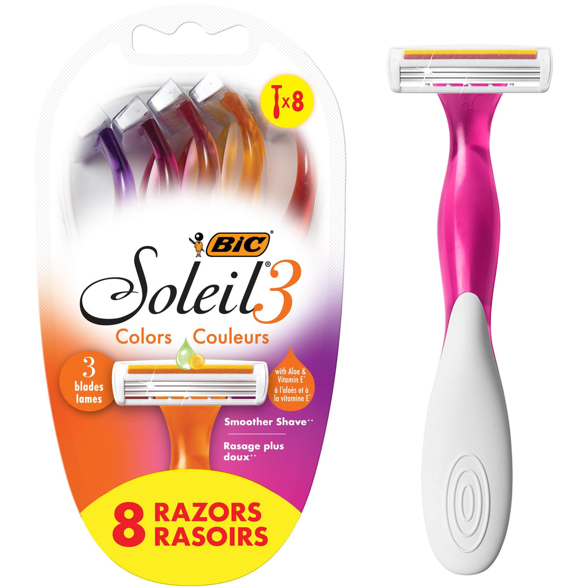 BIC Soleil Women's Disposable 3-Blade Razors, Aloe Strip, 8 Pack