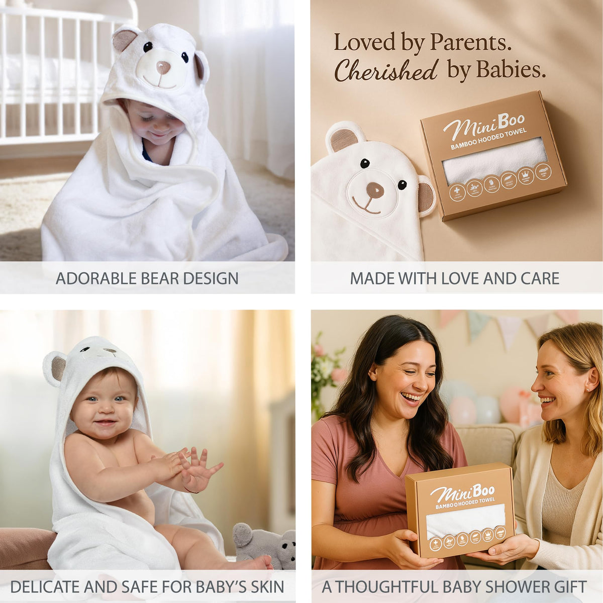 MINIBOO Organic Bamboo Hooded Baby Towel, 90 x 90 cm, White Bear