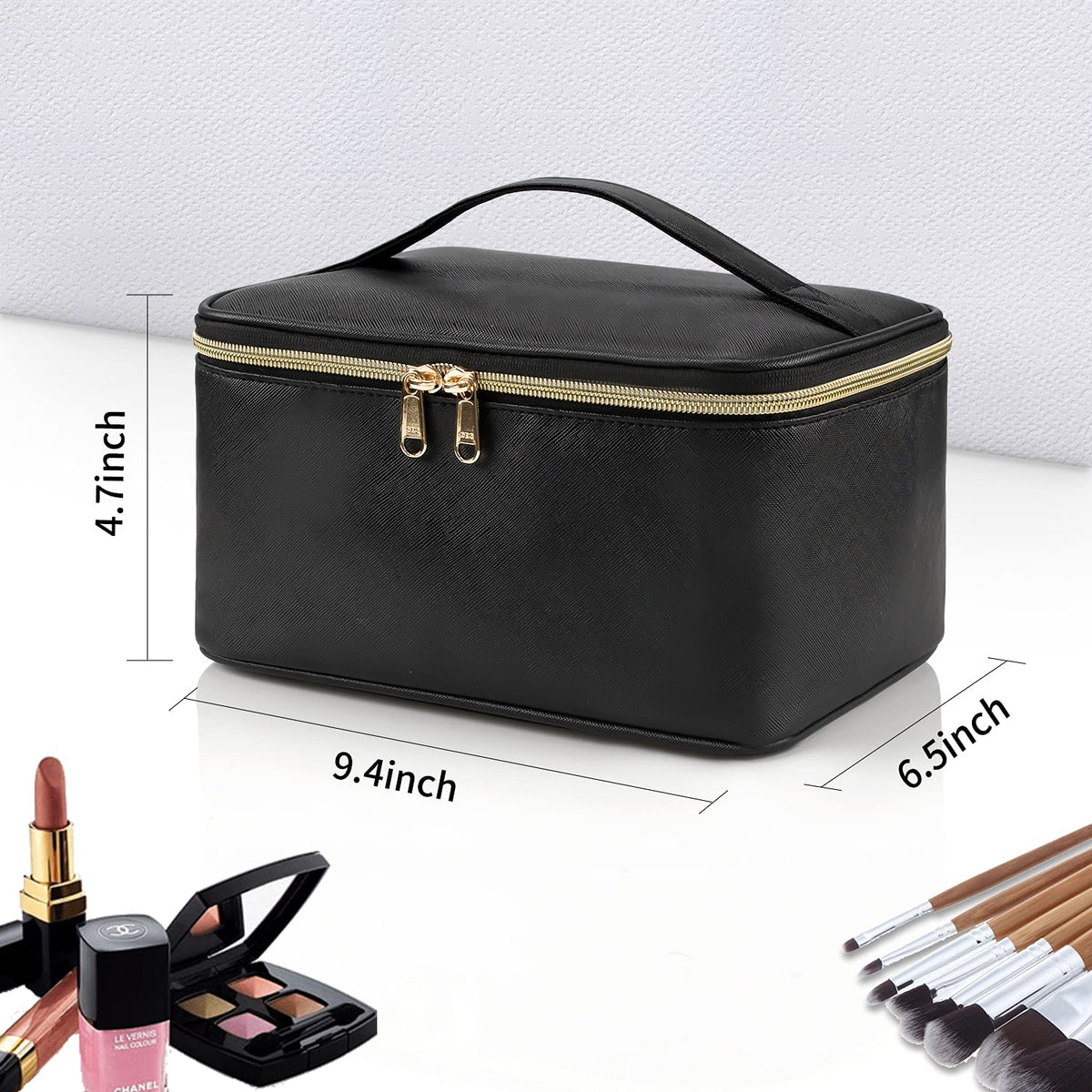 Large Capacity Travel Makeup Bag with Handle and Divider, Black