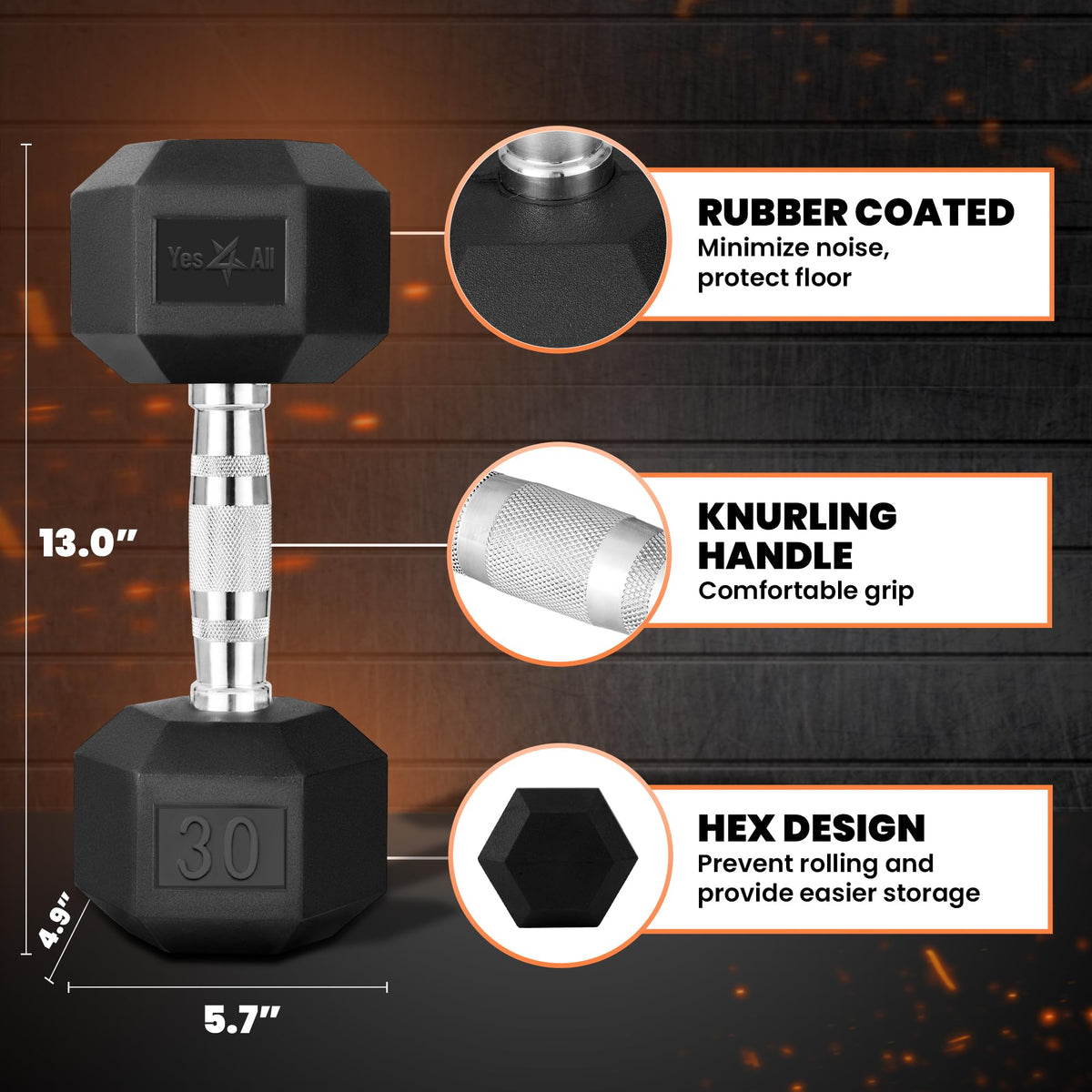 Yes4All Hex Dumbbell with Chrome Grip, 30 lbs