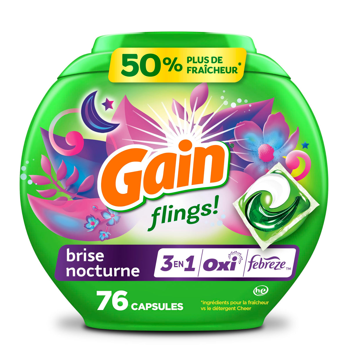 Gain Flings Laundry Detergent Pacs, Moonlight Breeze, 76 Count