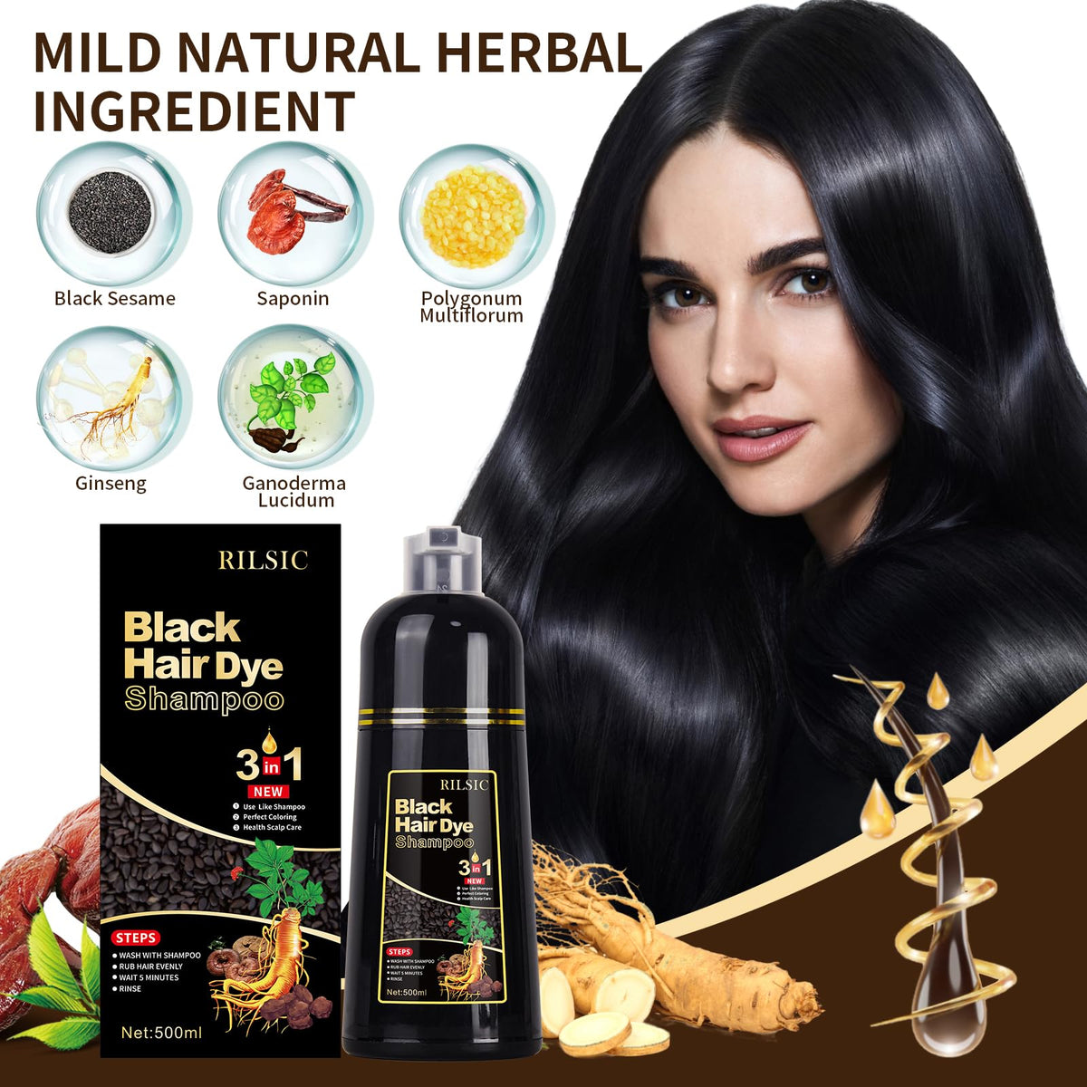 Hair Color Shampoo 3-in-1 for Grey Hair, Natural Black, 500ML