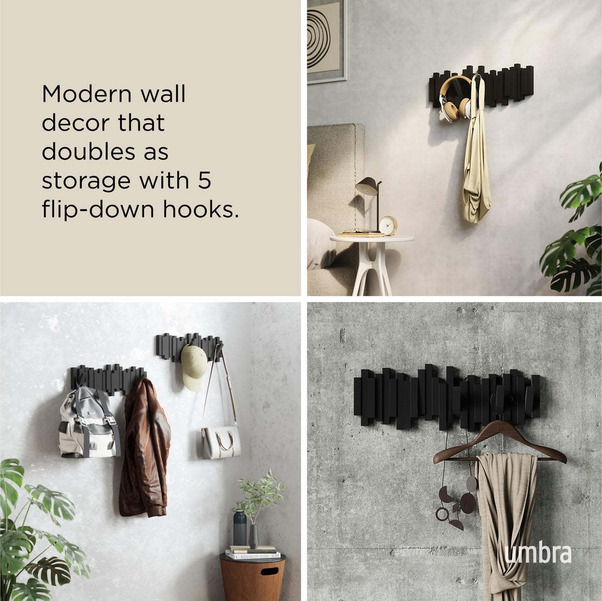 Umbra Sticks Wall-Mounted Coat Rack with 5 Retractable Pegs, Black
