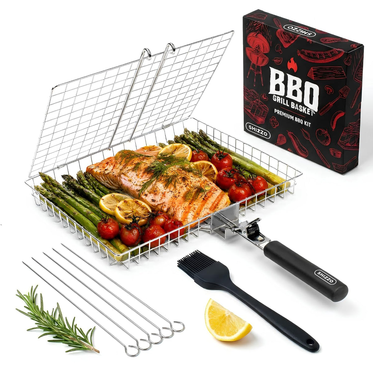 Shizzo Stainless Steel Folding Grill Basket Set with Handle