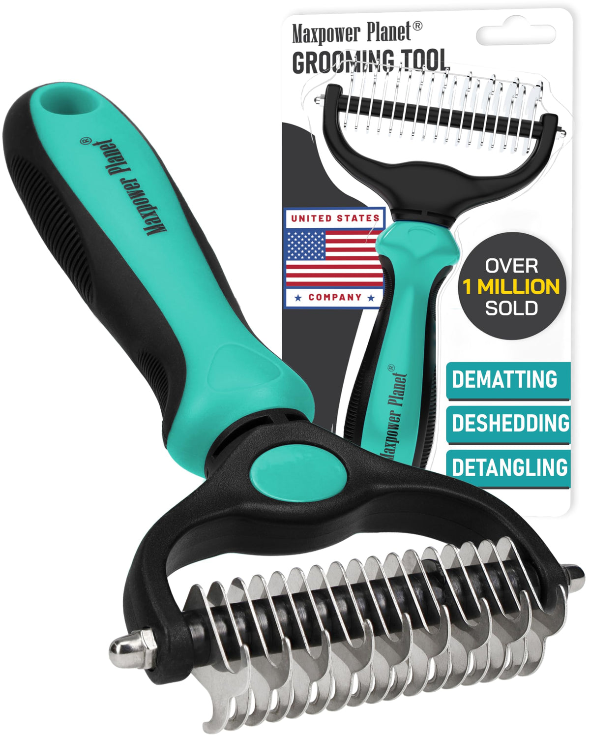 Maxpower Planet Double-Sided Pet Grooming Rake, Turquoise