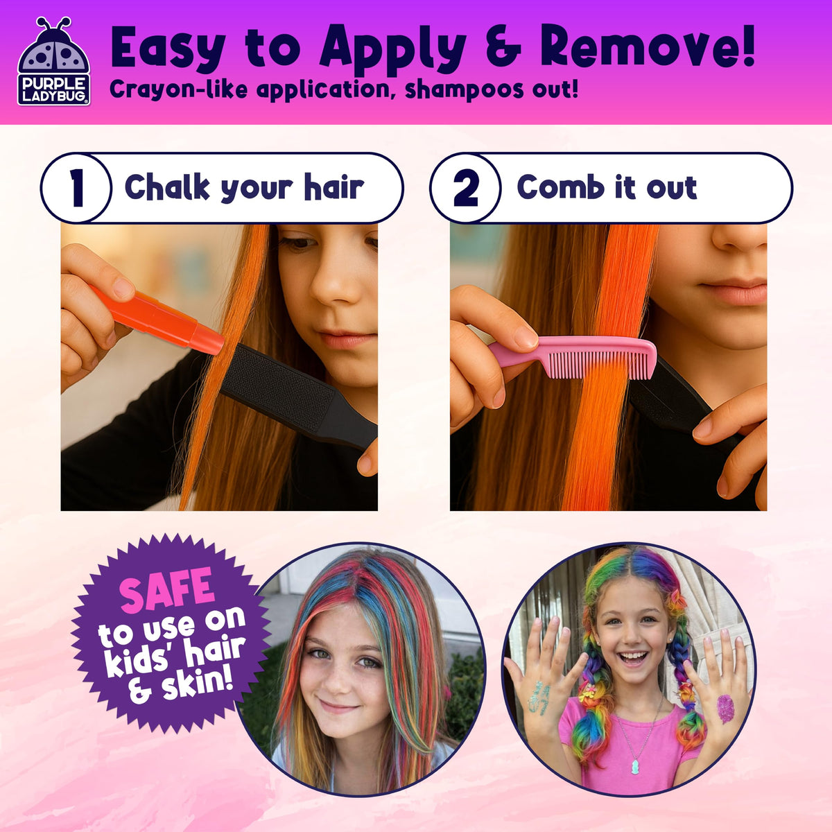 Purple Ladybug Temporary Hair Chalk for Kids, 12 Colours