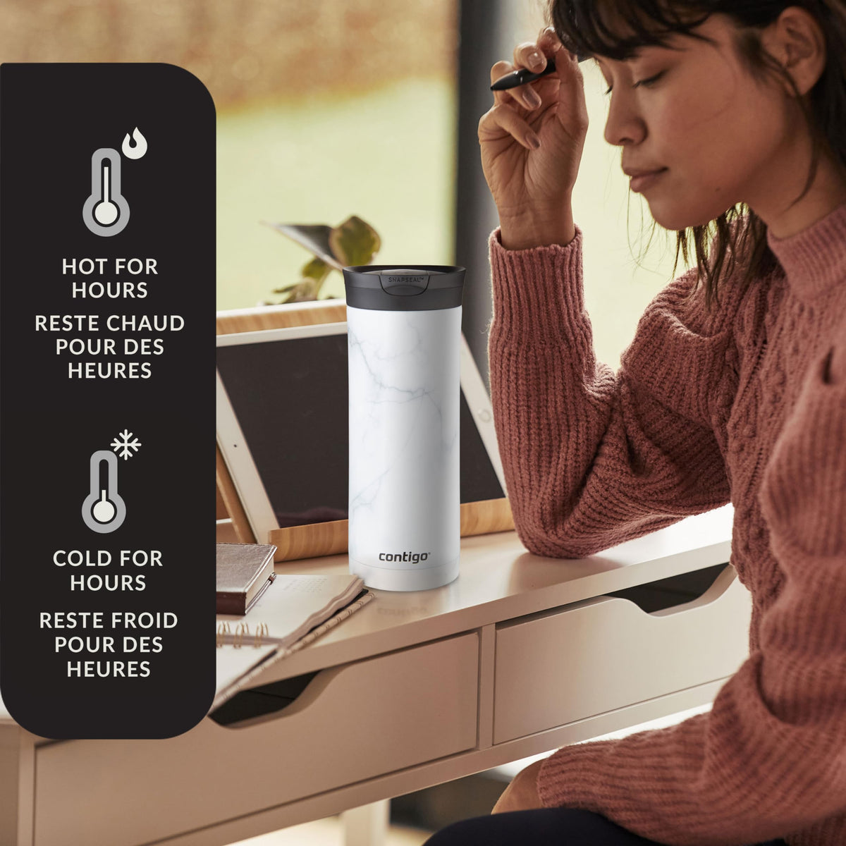 Contigo Huron 2.0 Couture Steel Travel Tumbler, White Marble, 20 oz