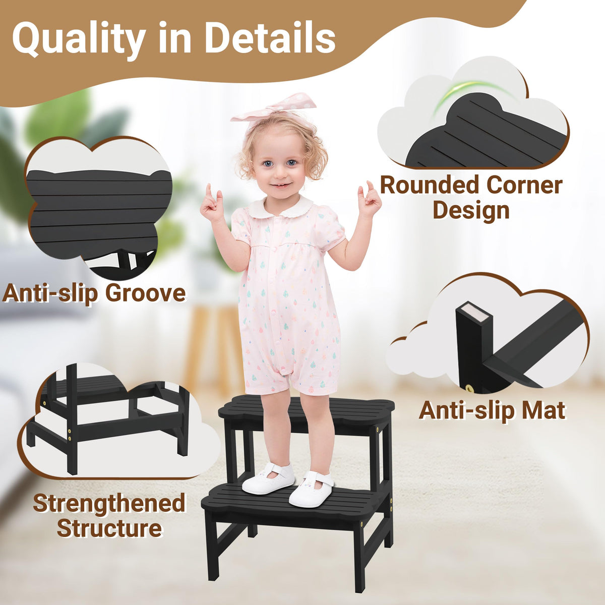 COSYLAND Bamboo Two Step Stool for Kids, 300 lbs, Black