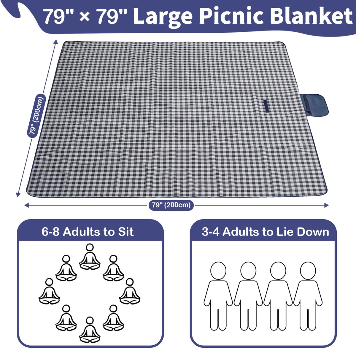 Extra Large Waterproof Picnic Blanket, 79" x 79", Dark Blue