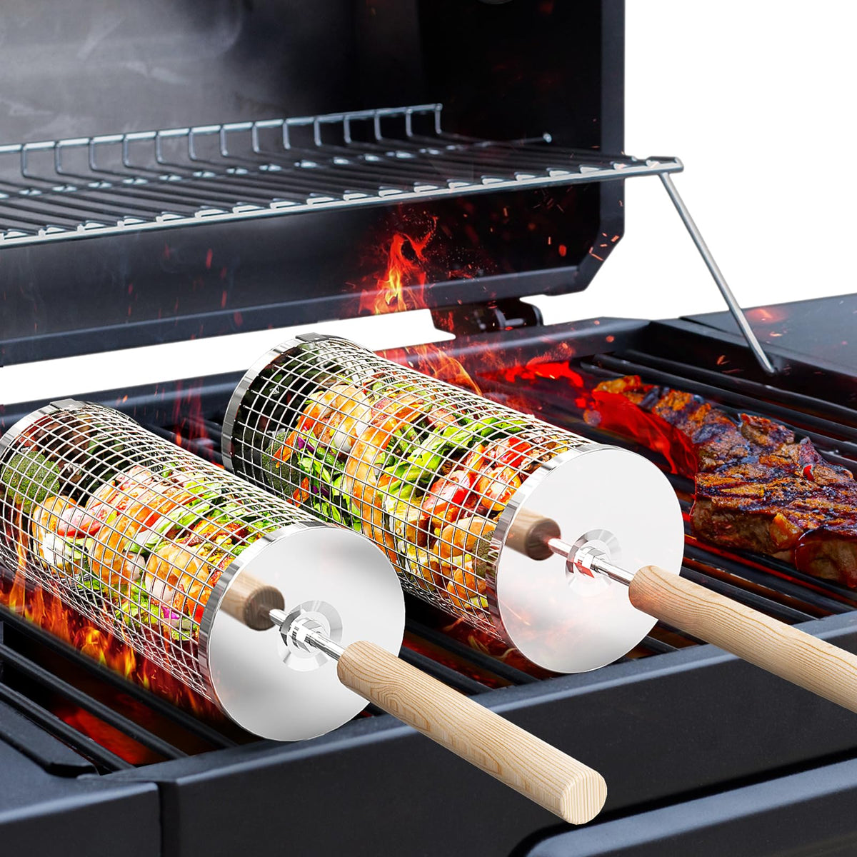 ivtivfu Stainless Steel Rolling Grill Basket with Wooden Handle