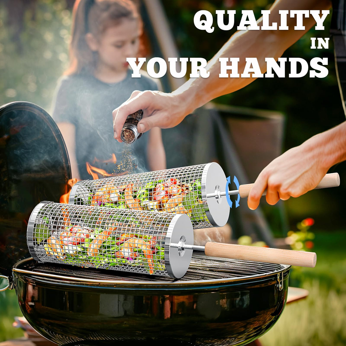 ivtivfu Stainless Steel Rolling Grill Basket with Wooden Handle